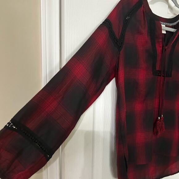 Knox Rose BOHO style red/black plaid blouse size small - Picture 9 of 10